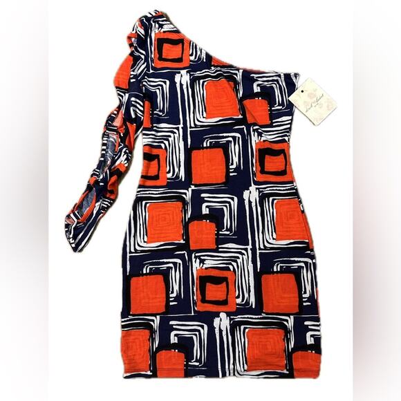 Derek Heart Dresses & Skirts - NWT Derek Heart One-Shoulder Geometric Dress in Orange and Navy Size S